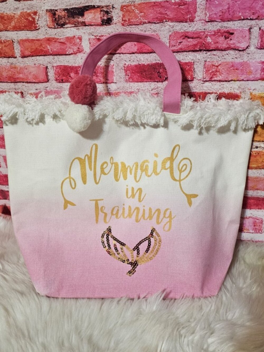 Canvas Tote Bag Mermaid in Training Pink to Cream Ombre